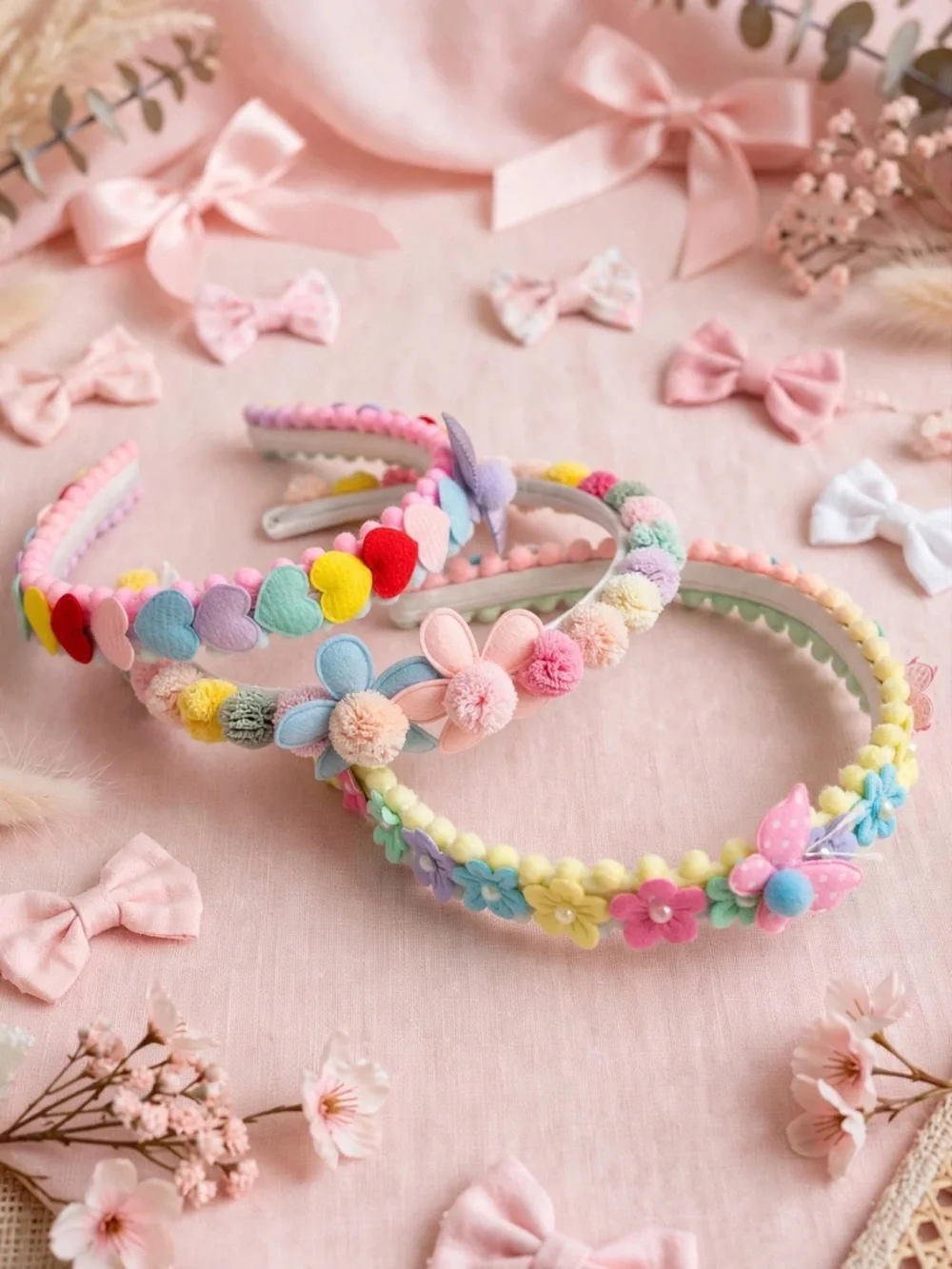 Girls Pastel Flower & Heart Headband Set - Kids Accessories